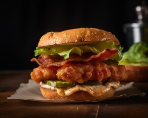 Southern-style fried green tomato sandwich with bacon and lettuce on a toasted bun