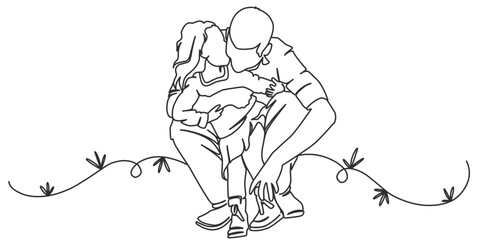 Fathers day line art style vector illustration, father and daughter line art illustration