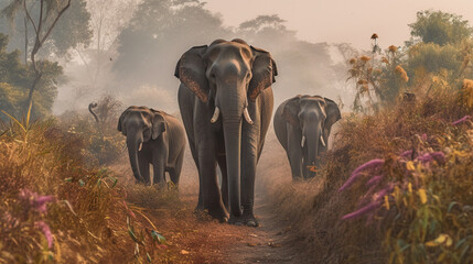 Fototapeta na wymiar Elephants walking on a dirt road