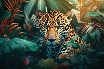Tropical art leopard wild animal. Generate Ai