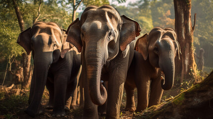 Fototapeta premium Elephants walking on a dirt road