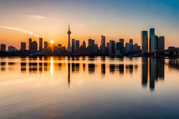 Fototapeta na wymiar a sunset over a city skyline
