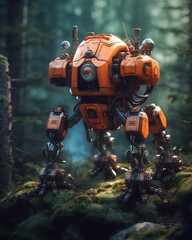 orange robot is standing in the middle of the forest Generative AI