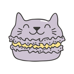 Cute macaron with kawaii cat face cartoon character illustration. Hand drawn style design, line art, isolated vector. Kids print element, food logo, sweets, dessert, baking, bakery, cafe menu