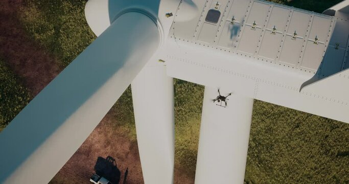 AERIAL Industrial drone flying near wind turbine, gathering video data for inspection and service