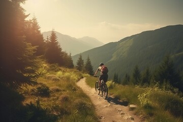 Biking woman mountain sunset. Generate Ai