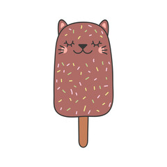 Cute ice cream bar with kawaii cat face cartoon character illustration. Hand drawn style design, line art, isolated vector. Kids print element, food logo, sweets, dessert, cafe menu
