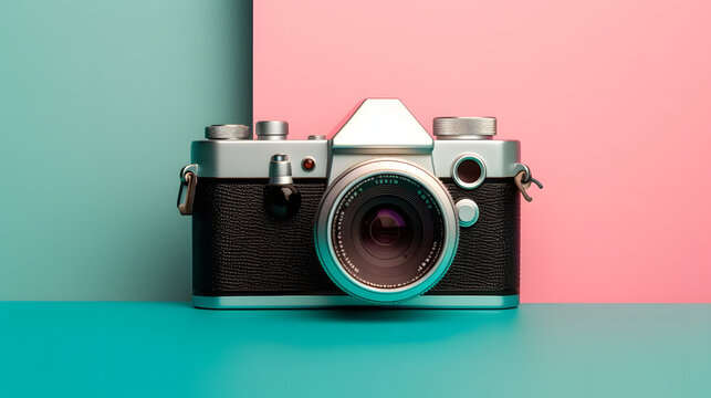 Photo camera creative concept background. Vintage retro photo camera on a colored background. Travel, vacation and photography concept