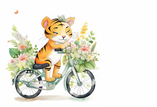 World bicycle day, cartoon tiger have bicycle ride.  Post processed AI generated image.