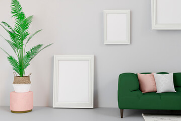 Living room in house with modern interior design, green velvet sofa, plant, carpet, mock up poster frame and elegant accessories. 3d render
