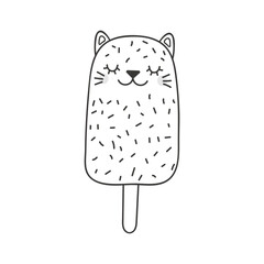 Cute ice cream bar with kawaii cat face cartoon character illustration. Hand drawn style design, line art, isolated vector. Black and white coloring pages. Print element, logo, sweet food, cafe menu