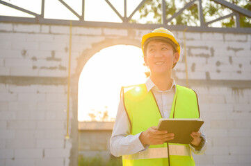 An Asian engineer man is wearing a protective helmet on head, using tablet Analytics engineering data