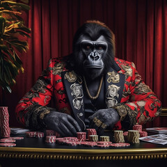A gorilla sits at a poker table in a red suit with a gold chain around his neck Generative AI