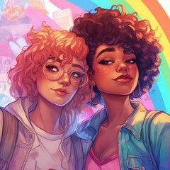 Naklejka premium A cartoon of two girls with the word lgbtq love on their face. Pride month. Generative AI