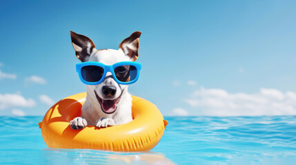 Dog wearing sunglasses and swimming circle on the blue sea background. The concept of a summer holiday by the sea. Generative ai