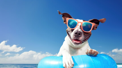 Summer funny smiling dog with sunglasses and floating ring, generative ai