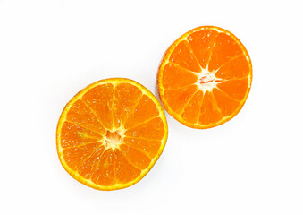 Two half piece slice of fresh orange isolated on white background with clipping path. Freshness fruit. Tropical, Summer and healthy food concept