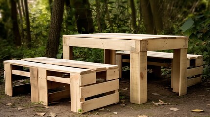 diy benches and a table made of euro pallets, outdoor furniture design with upcycling concept. generative ai