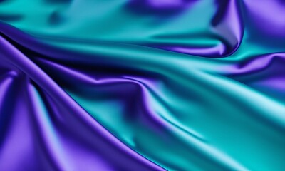 Silk satin. Gradient. Wavy folds. Shiny fabric surface. Beautiful purple teal background with space for design (Generative AI) - obrazy, fototapety, plakaty