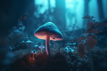 Fototapeta na wymiar Magic fluorescent mushroom. Generate Ai