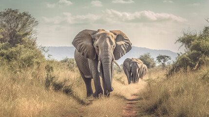 Fototapeta premium Elephants walking on a dirt road