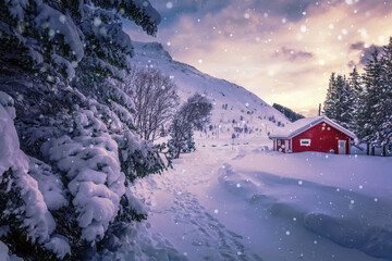 Winter wonderland in the Lofoten Islands. Winter's Tale during sunset. Red Norway cottage in a beautiful snow forest. Concept of an ideal resting place. Creative image.