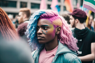 With pride and determination, a non-binary person proudly carries a sign advocating for love and acceptance, their voice echoing through the bustling crowd. Generative AI.