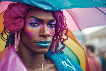 A young genderqueer person proudly displays their identity with colorful body paint at the dynamic LGBT rally, challenging societal norms and embracing self-expression. Generative AI.