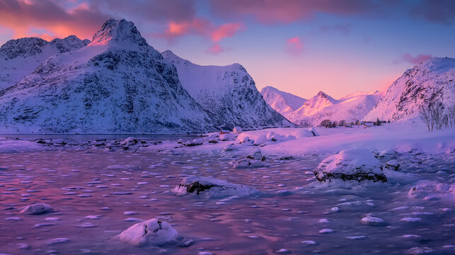 Incredible scenic evening light at sunset with blue sky and clouds in winter, northern Norway. Lofoten Islands. Fantastic Colorfull sunset over the Snowcapped Hustinden Mountains and Boosen fjord.