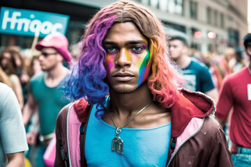 African American man of the LGBTQ+ community, marching boldly in the vibrant Pride parade, adorned in the vivid colors of the rainbow, to celebrate love, acceptance, and equality. Generative AI.