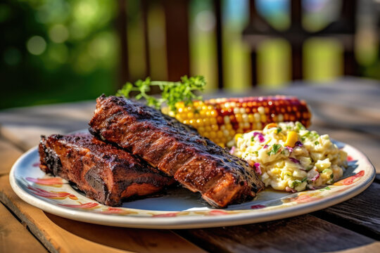 Mouthwatering BBQ ribs with a side of cornbread and coleslaw