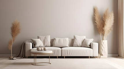 Scandinavian style living room interior mock up, modern living room interior background, beige sofa and pampas grass.