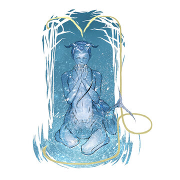 12星座占い－山羊座が神話のパンの姿で植物に覆われた沼地のような場所で草笛を吹く様子