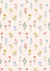 Watercolor floral seamless pattern. Cute botanical print features summer wildflowers on a pastel pink background. Botanical wallpaper.