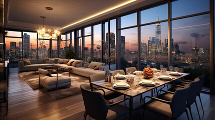 Fototapeta premium Modern and Industrial open plan living room and dining Interior of a penthouse apartment overlooking the city, AI rendered