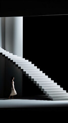 A woman is walking down a white staircase. AI generative