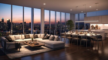 Modern and Industrial open plan living room and dining Interior of a penthouse apartment overlooking the city, AI rendered