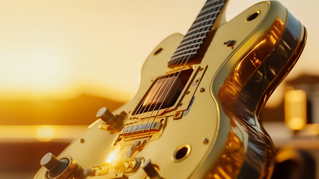 Close up futuristic beautiful six-string golden electric guitar on blurred sunset landscape. music or concert lesson poster concept. Generative ai