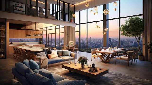 Modern and Industrial open plan living room and dining Interior of a penthouse apartment loft overlooking the city, AI rendered