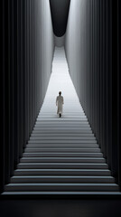 A woman is walking down a white staircase. AI generative