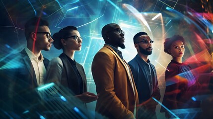 High-tech diverse group of professionals working in a futuristic environemnt, AI generated, 