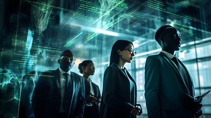 High-tech diverse group of professionals working in a futuristic environemnt, AI generated, 