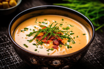 Bowl of creamy lobster bisque with a sprinkle of chopped chives