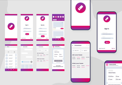 Movie Ticket Booking App Ui and Ux Screen Layouts. Colorful Gradient, UI and UX Layouts.