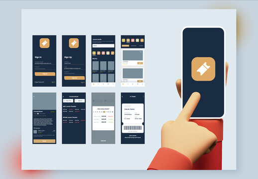 Movie Ticket Booking App Ui and Ux Screen Layouts. Colorful Gradient, UI and UX Layouts.