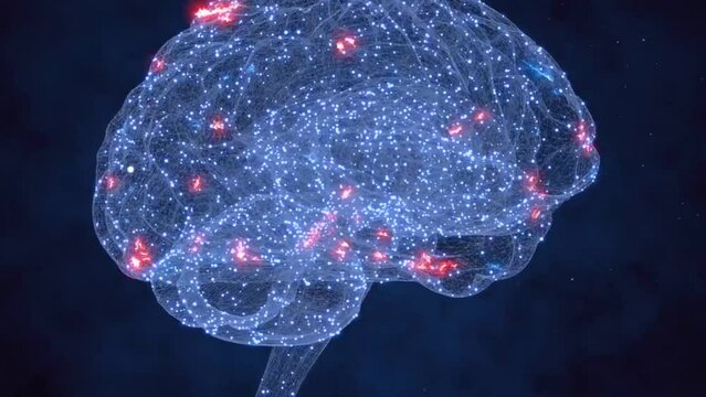 Animation of the human thought process. Flying through the brain in the form of a grid and dots. 3D render