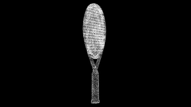 3D tennis racket rotates on black background. Object made of shimmering particles. Sport equipment concept. For title, text, presentation. 3d animation 60 FPS