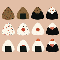 a hand drawn vector illustration set of onigiri rice balls, ideal for Japanese theme artwork, post card, printing and greeting card