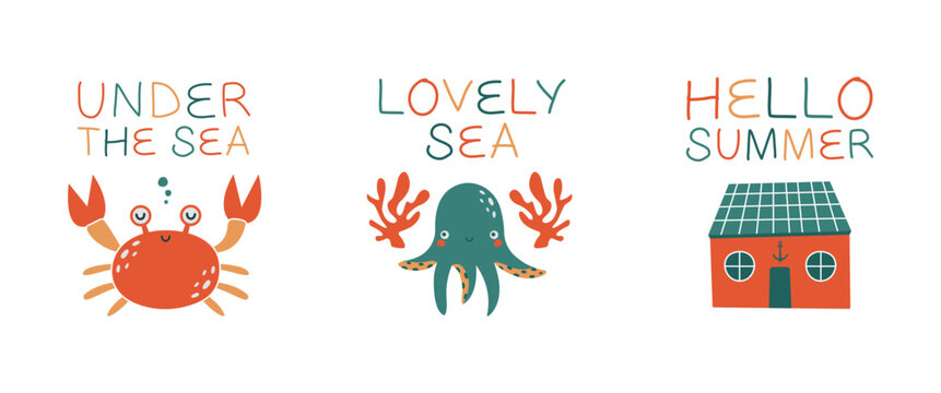 Set of cartoon childish illustration with sea, ocean animals, beach house, crab, coral, octopus. Hello summer concept. Simple funny clip arts with underwater dwellers. For kid's logo, card, banner.