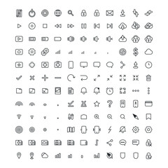 Basic icons set. Universal pack of icons for web and mobile. Collection of thin line icons. Business, Media, Shopping, Finance, Contacts, Technology, Commerce Icon Collection. Vector 